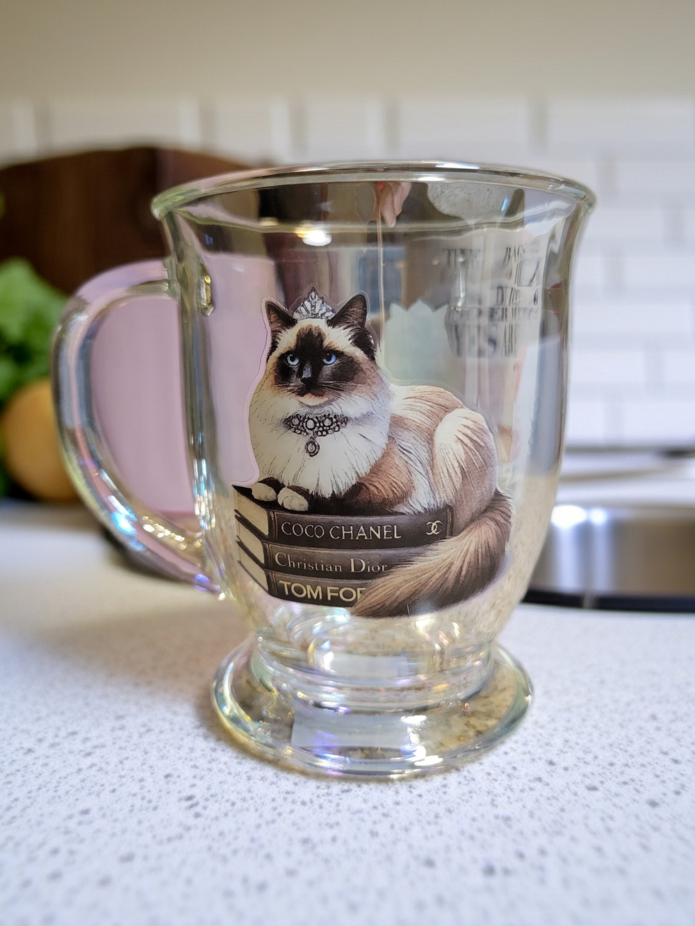 Clear Glass Cat Coffee Mug with Designer Book Motif - White/Brown